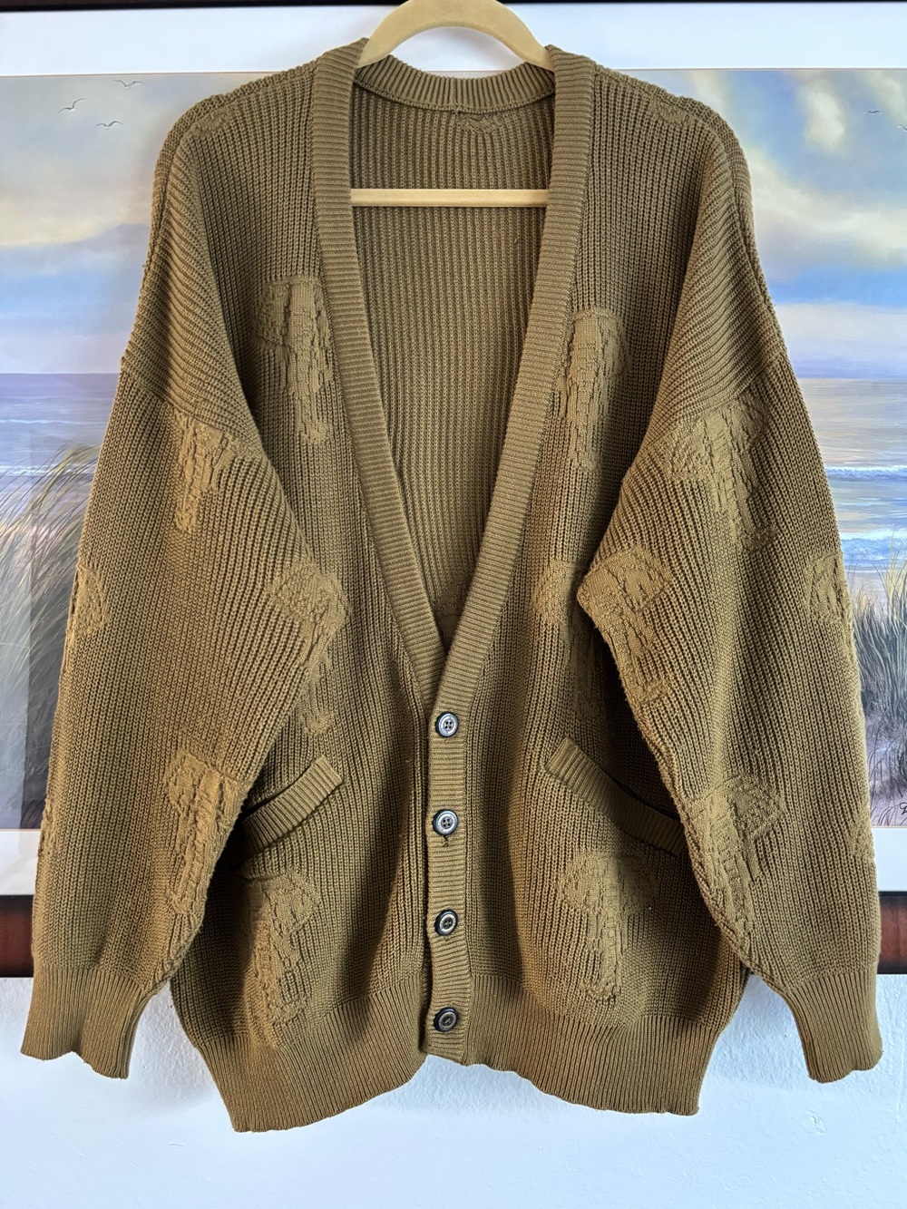 Vintage 90’s HUGO BOSS Ribbed Knit Cardigan Elephant 3D Africa Olive Green
